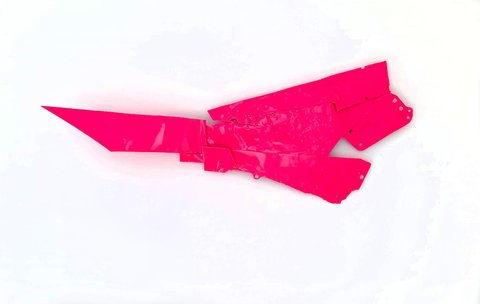 Mark Vinci, Crushed Perspective in Sassy Pink, 2022, Crushed car parts powder coated, 16 by 39 inches,