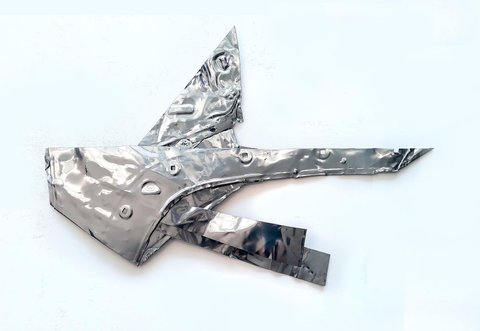 Mark Vinci, 48 Silver Streak, 2022, Crushed car parts, powder coated, 22 by 33 inches.