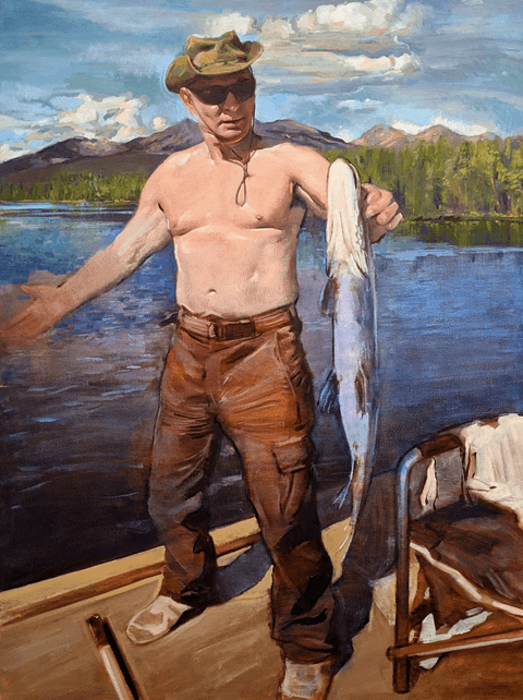 Steve Hampton, A Great Catch, 2021 oil on canvas, 48 by36 inches
