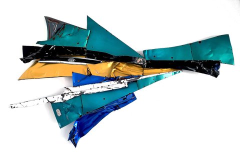 Mark Vinci, Crusher, 2005, Crushed car parts, powder coated, 60 by 90 inches.