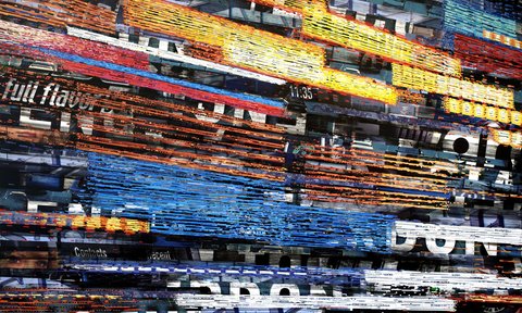 Mark Vinci, Avenues of Scraping Steal, 2008, Billboard paper and acrylic medium on panel, 72 by 120 inches,.